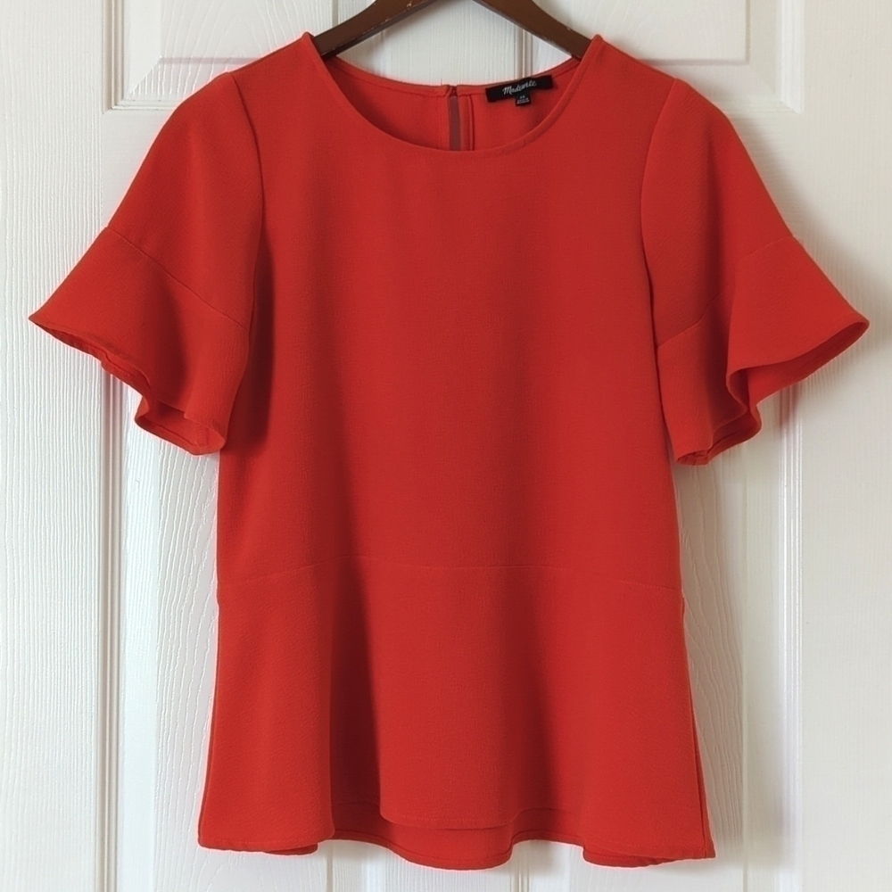 Madewell Boxy Flare Hem & Short Sleeve Round Neck Blouse Red Orange XS